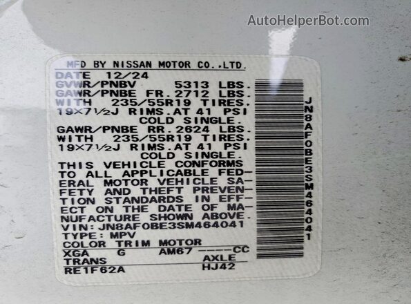 JN8AF0BE3SM464041 2025 NISSAN ARIYA White VIN sticker view