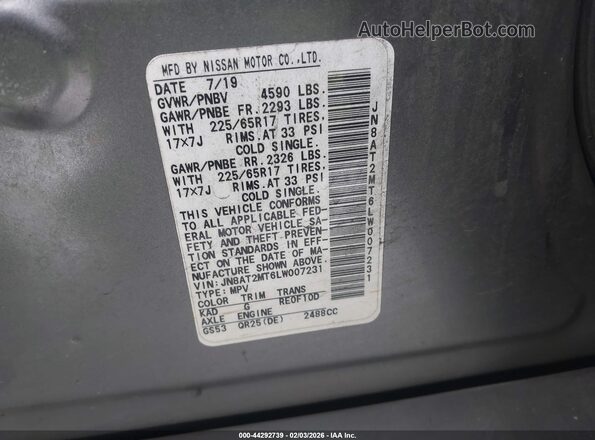 JN8AT2MT6LW007231 2020 NISSAN ROGUE Gray 