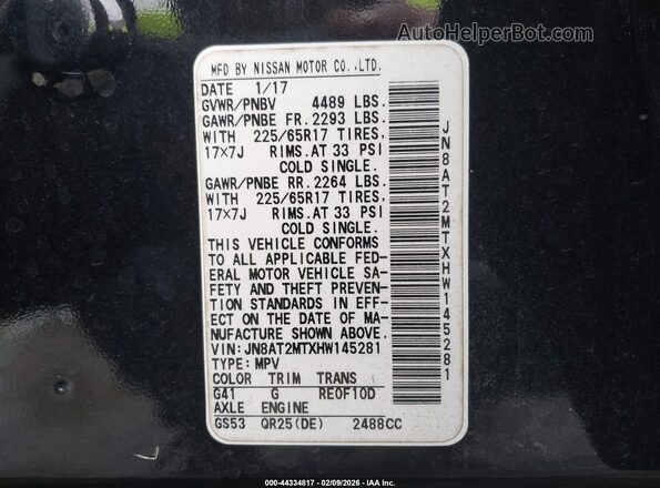 JN8AT2MTXHW145281 2017 NISSAN ROGUE Черный Вид подкапотного пространства