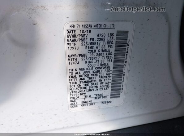 JN8AT2MV1LW121137 2020 NISSAN ROGUE White Вид підкапотного простору
