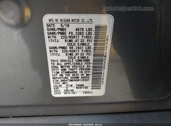 JN8AT2MV9GW132697 2016 NISSAN ROGUE Gray Engine compartment view