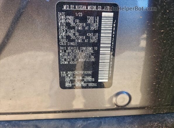 JN8AY2AC1P9182092 2023 NISSAN ARMADA Silver Widok naklejki z numerem VIN