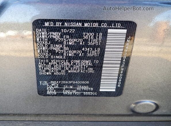 JN8AY2BA3P9400806 2023 NISSAN ARMADA Gray VIN sticker view