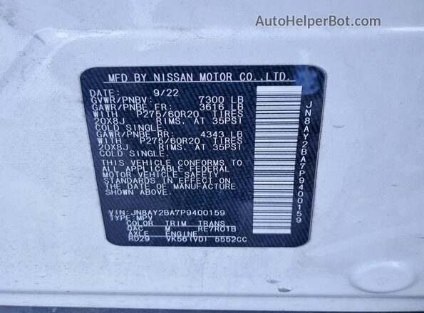 JN8AY2BA7P9400159 2023 NISSAN ARMADA White Вид наклейки з VIN-кодом