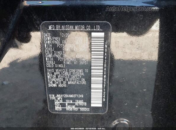 JN8AY2BAXM9371249 2021 NISSAN ARMADA Black Շարժիչի բաժամունքի տեսք
