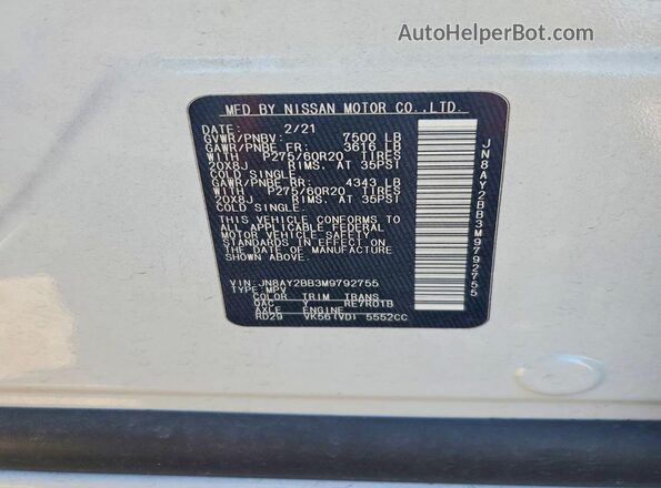 JN8AY2BB3M9792755 2021 NISSAN ARMADA White Vista de la etiqueta del VIN