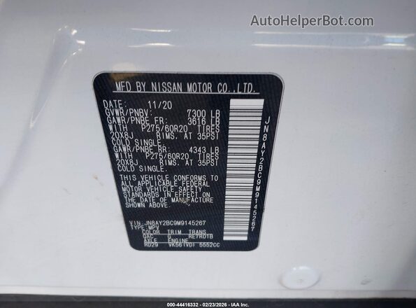 JN8AY2BC9M9145267 2021 NISSAN ARMADA White Շարժիչի բաժամունքի տեսք