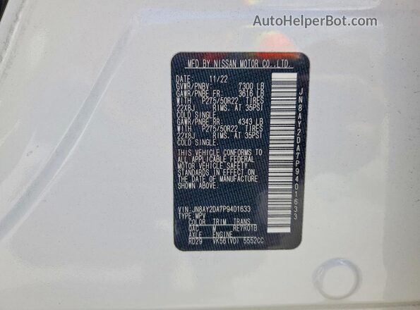 JN8AY2DA7P9401633 2023 NISSAN ARMADA White Vista de la etiqueta del VIN