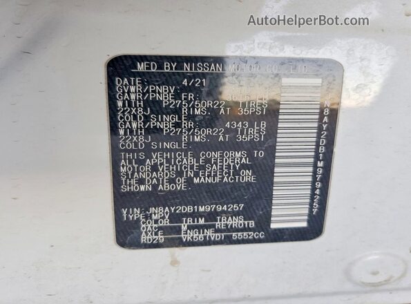 JN8AY2DB1M9794257 2021 NISSAN ARMADA Белый Вид наклейки с VIN-кодом