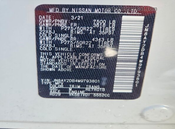 JN8AY2DB4M9793801 2021 NISSAN ARMADA White 