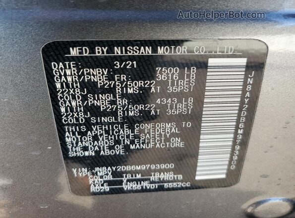 JN8AY2DB6M9793900 2021 NISSAN ARMADA Gray VIN sticker view