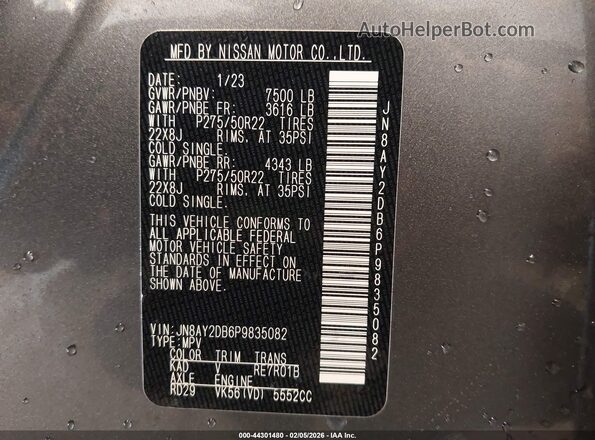 JN8AY2DB6P9835082 2023 NISSAN ARMADA Gray Vista del compartimento del motor