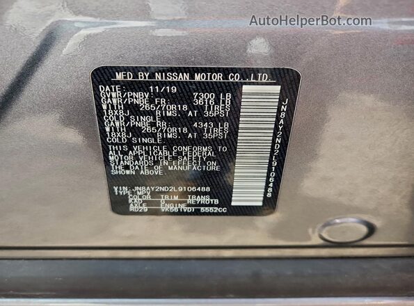 JN8AY2ND2L9106488 2020 NISSAN ARMADA Gray Вид наклейки з VIN-кодом