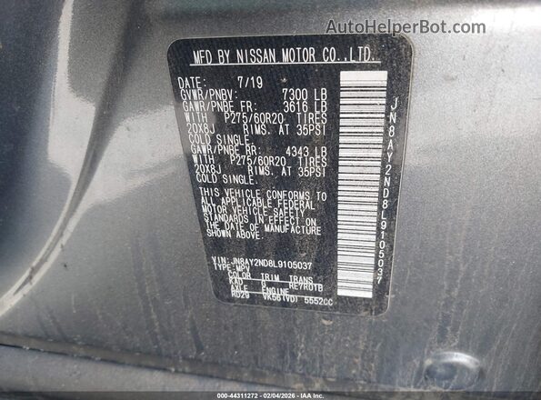 JN8AY2ND8L9105037 2020 NISSAN ARMADA Gray 