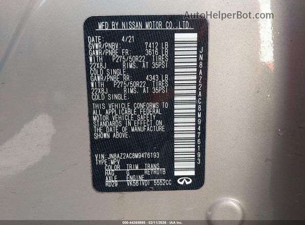 JN8AZ2AC8M9476193 2021 INFINITI QX80 Кремовый 