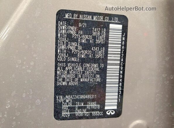 JN8AZ2AC9N9485311 2022 INFINITI QX80 Gold Vista interior de 360 grados