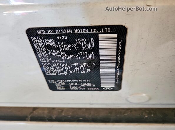 JN8AZ2BC5P9491639 2023 INFINITI QX80 White Вид наклейки з VIN-кодом