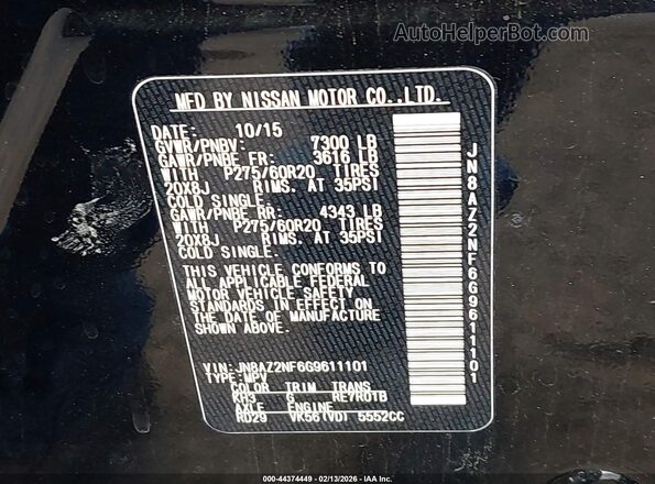JN8AZ2NF6G9611101 2016 INFINITI QX80 Black Widok komory silnika