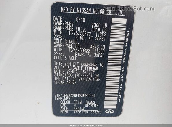 JN8AZ2NF8K9682034 2019 INFINITI QX80 White 