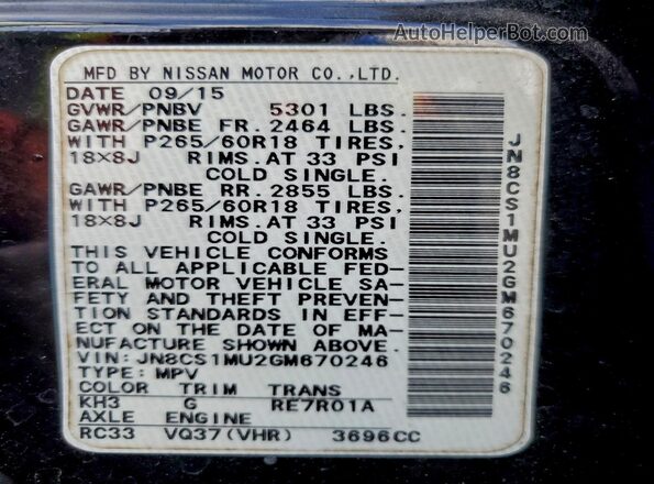 JN8CS1MU2GM670246 2016 INFINITI QX70 Black Widok naklejki z numerem VIN