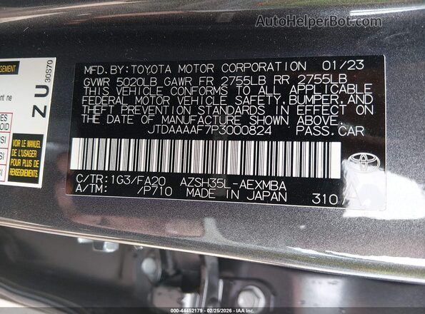 JTDAAAAF7P3000824 2023 TOYOTA LE Gray Engine compartment view