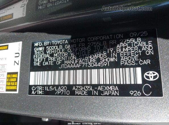 JTDAAAAF7T3044591 2026 TOYOTA LE Gray Вид підкапотного простору