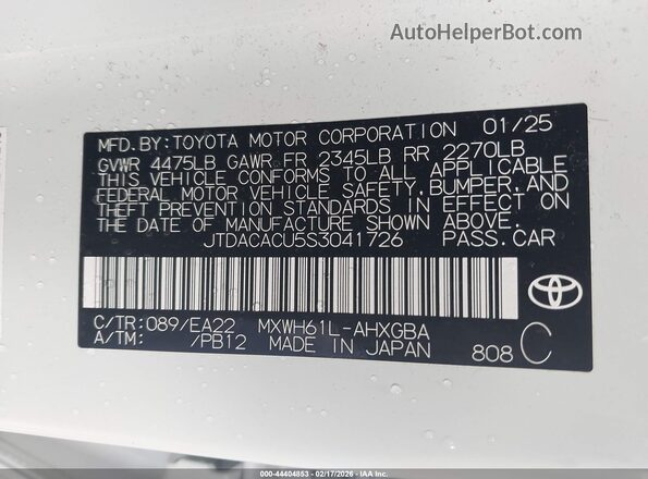 JTDACACU5S3041726 2025 TOYOTA PRIUS PLUG-IN HYBRID White Вид підкапотного простору