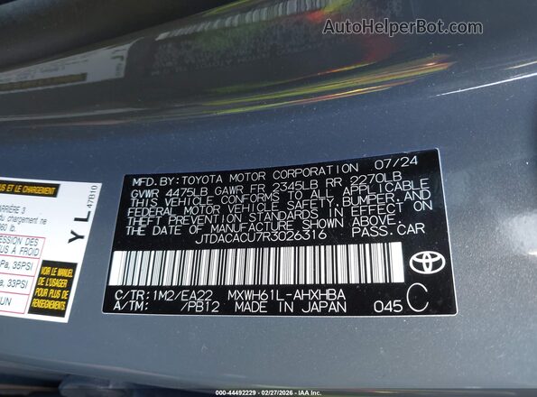 JTDACACU7R3026316 2024 TOYOTA PRIUS PRIME Gray Vista del compartimento del motor