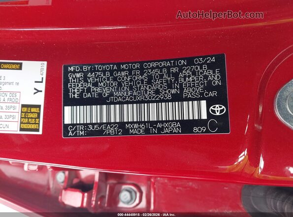 JTDACACUXR3022938 2024 TOYOTA PRIUS PRIME Red Вид підкапотного простору