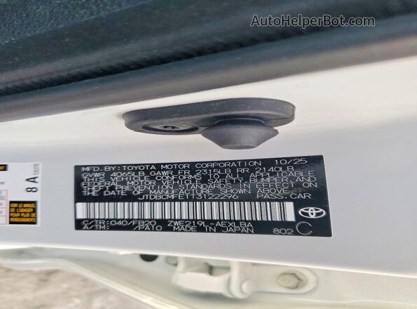 JTDBCMFE1T3122296 2026 TOYOTA LL Белый 