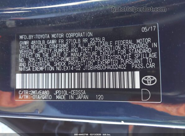 JTDBVRBD0HA002402 2017 TOYOTA MIRAI Blue 