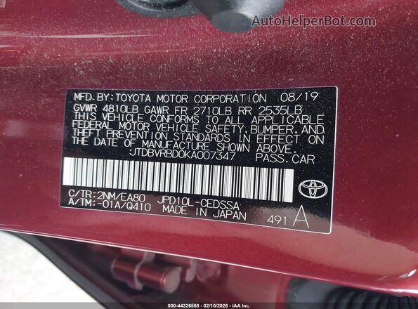 JTDBVRBD0KA007347 2019 TOYOTA MIRAI Red Շարժիչի բաժամունքի տեսք