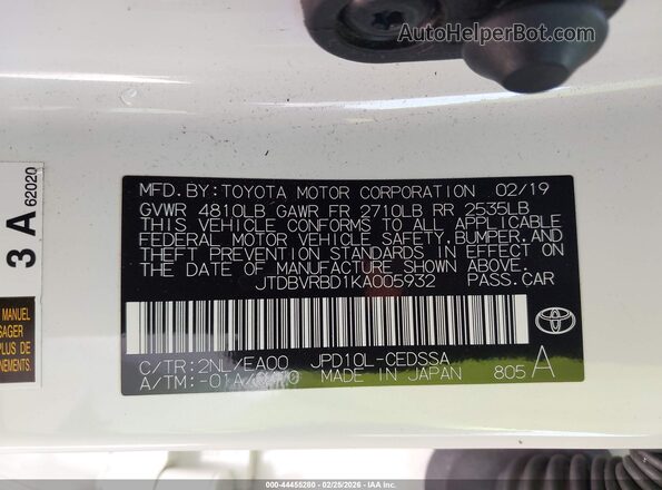 JTDBVRBD1KA005932 2019 TOYOTA MIRAI Белый Вид подкапотного пространства