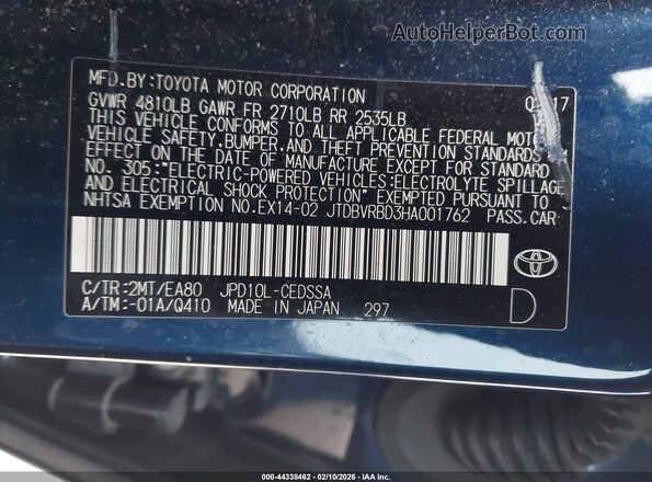 JTDBVRBD3HA001762 2017 TOYOTA MIRAI Dark Blue ძრავის განყოფილების ხედი