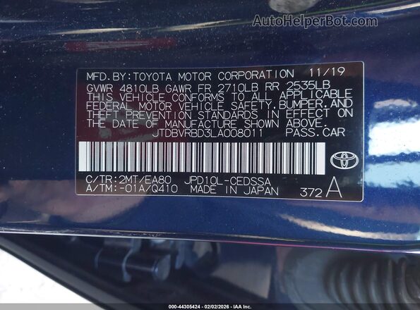JTDBVRBD3LA008011 2020 TOYOTA MIRAI Dark Blue Vista del compartimento del motor