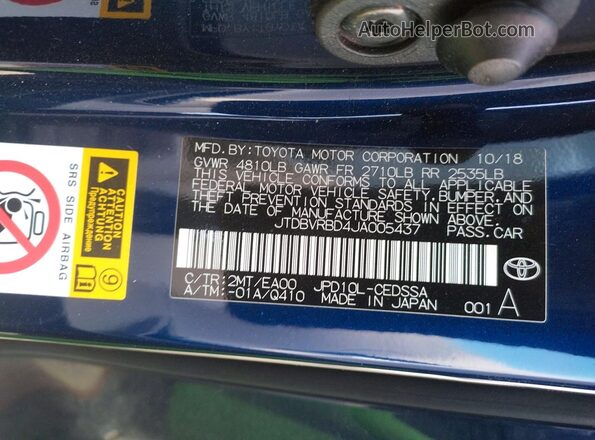 JTDBVRBD4JA005437 2018 TOYOTA MIRAI Blue VIN կոդի պիտակի տեսք