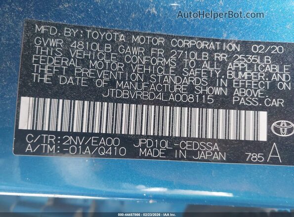 JTDBVRBD4LA008115 2020 TOYOTA MIRAI Blue Вид підкапотного простору