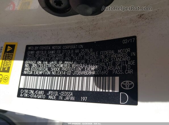 JTDBVRBD8HA001692 2017 TOYOTA MIRAI White Engine compartment view
