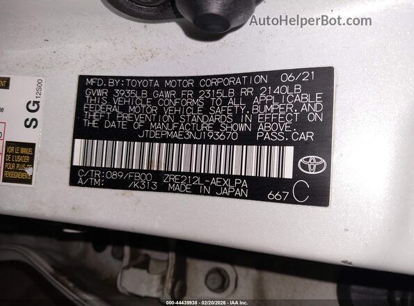 JTDEPMAE3NJ193670 2022 TOYOTA LL White Вид підкапотного простору