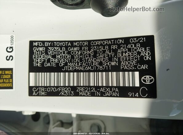 JTDEPMAE6MJ178711 2021 TOYOTA LL White Widok komory silnika