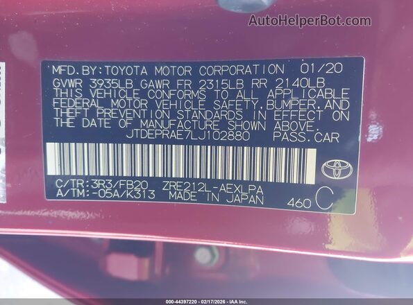 JTDEPRAE7LJ102880 2020 TOYOTA LL Red Вид підкапотного простору