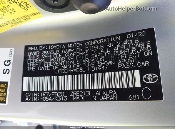 JTDEPRAE8LJ101947 2020 TOYOTA LL Silver Engine compartment view