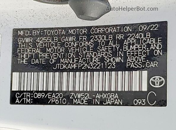 JTDKAMFP2N3221123 2022 TOYOTA LE Белый 
