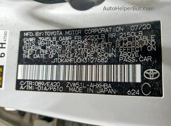 JTDKAMFU0M3127682 2021 TOYOTA PRIUS White 