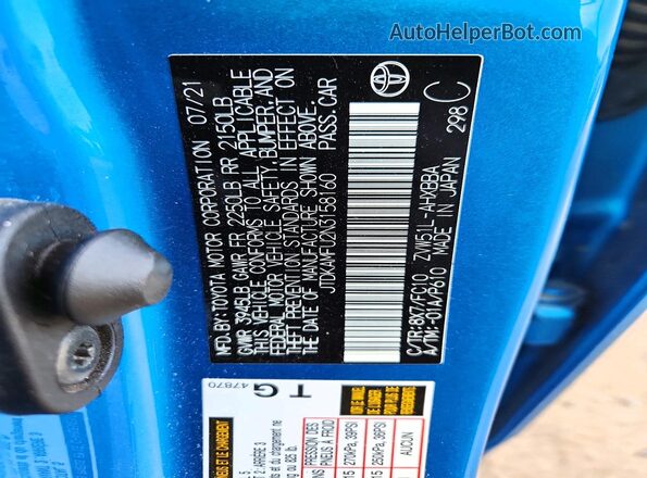 JTDKAMFU2N3158160 2022 TOYOTA PRIUS Blue Vista del compartimento del motor
