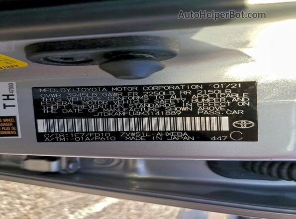 JTDKAMFU4M3141889 2021 TOYOTA PRIUS Silver Вид наклейки з VIN-кодом