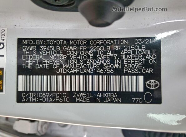 JTDKAMFUXM3146756 2021 TOYOTA PRIUS Белый 