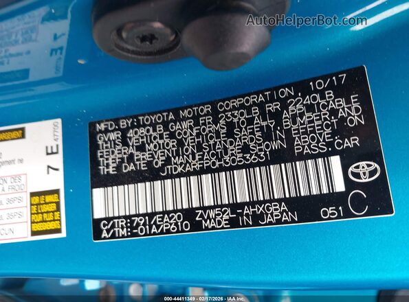 JTDKARFP0H3053631 2017 TOYOTA PRIUS PRIME Blue Vista del compartimento del motor