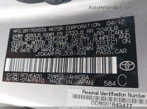 JTDKARFP9J3081434 2018 TOYOTA PRIUS PRIME Silver ძრავის განყოფილების ხედი