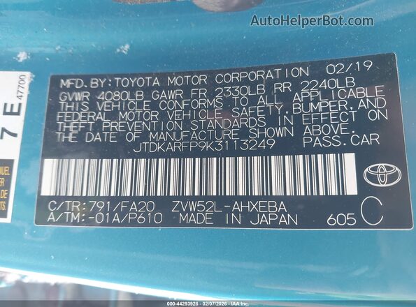 JTDKARFP9K3113249 2019 TOYOTA PRIUS PRIME Turquoise ძრავის განყოფილების ხედი